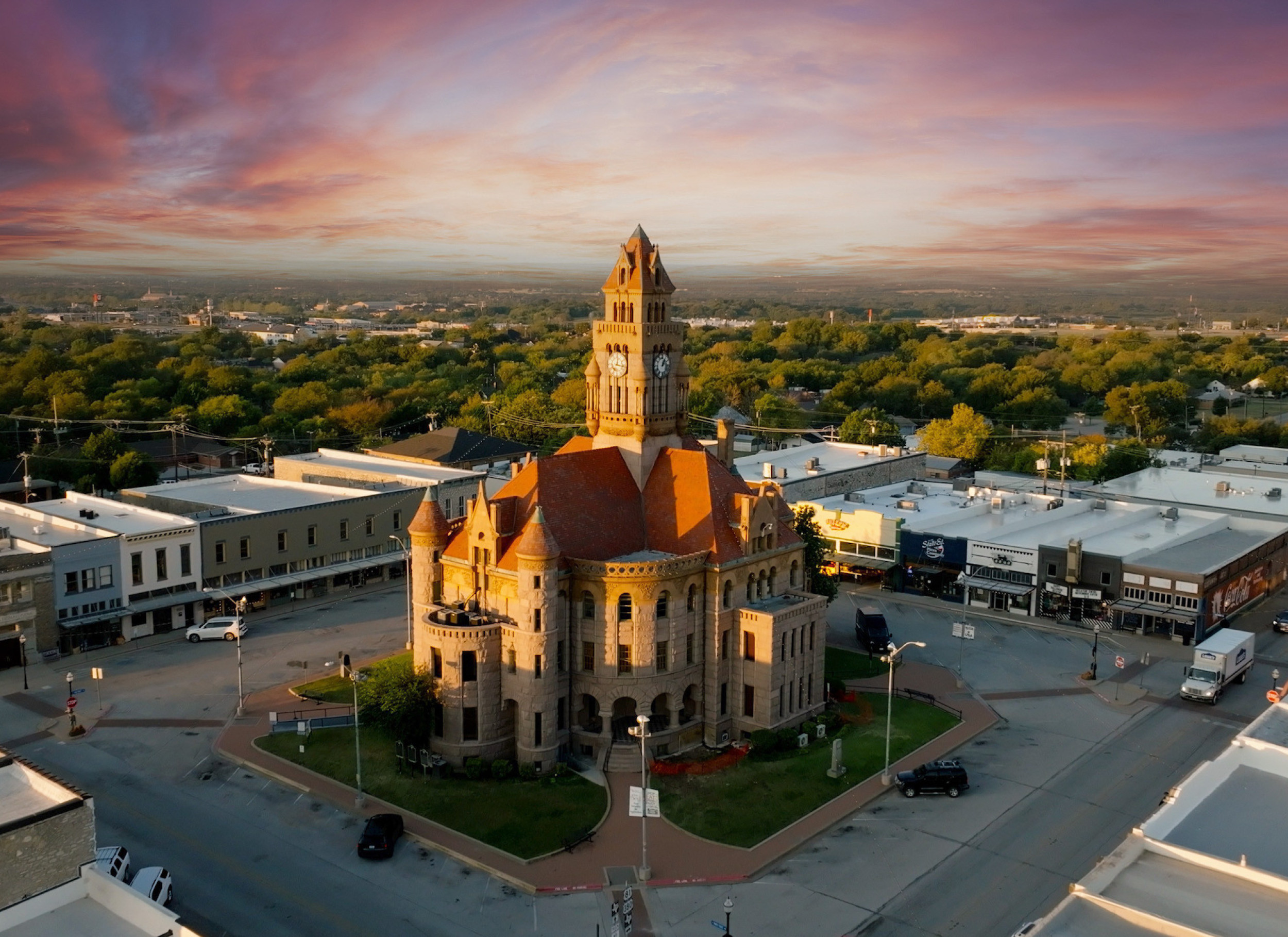 Aerial view of Decatur Courthouse at sunset