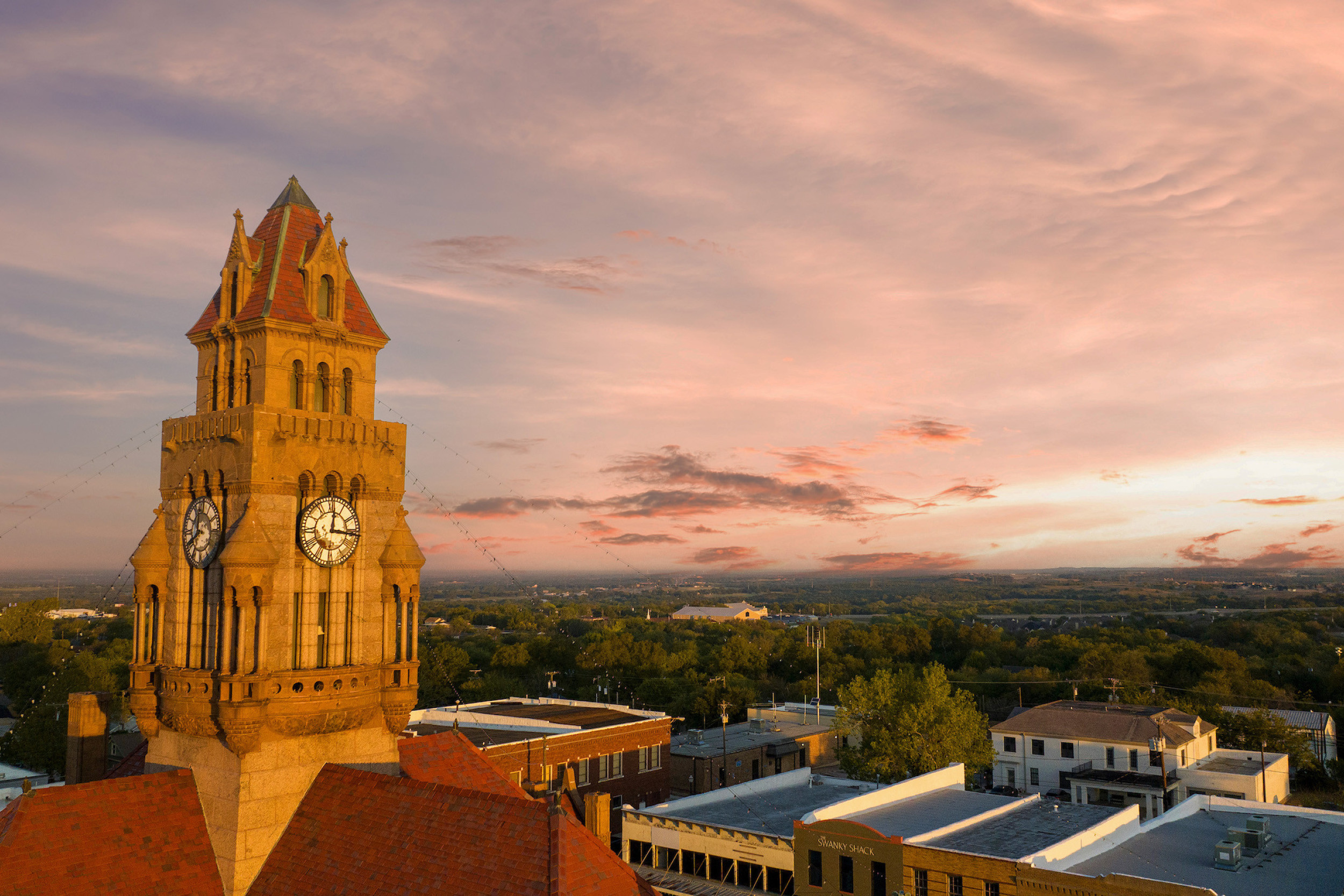 aerial view of decatur with clocktower in the foreground